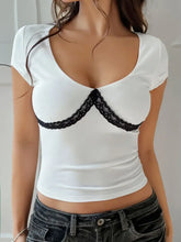White Top with Black Lace Trim and Stretch Fabric Woman T Shirts