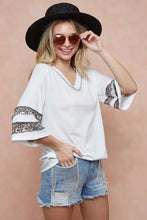 White Triblend Knit Top with Leopard Band Patterned Bell Sleeves Woman T Shirts