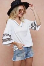 White Triblend Knit Top with Leopard Band Patterned Bell Sleeves IVORY Woman T Shirts