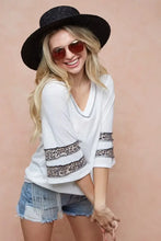 White Triblend Knit Top with Leopard Band Patterned Bell Sleeves Woman T Shirts