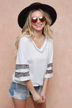 White Triblend Knit Top with Leopard Band Patterned Bell Sleeves Woman T Shirts