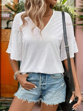 White V Neck Blouse with Lace Sleeves White Woman T Shirts