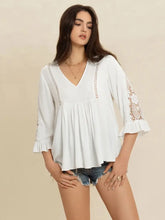 White V-Neck Blouse with Lace Sleeves White Woman T Shirts
