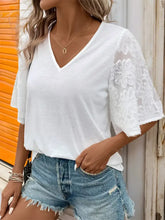 White V Neck Blouse with Lace Sleeves Woman T Shirts