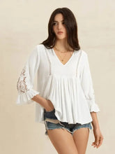 White V-Neck Blouse with Lace Sleeves Woman T Shirts