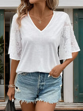 White V Neck Blouse with Lace Sleeves Woman T Shirts
