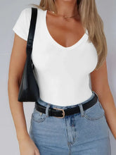 White V-Neck Bodysuit and Gray Pants for Women Woman T Shirts