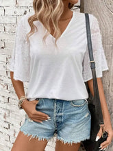 White V Neck Cotton Top with Textured Lace Sleeves White Woman T Shirts