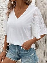 White V Neck Cotton Top with Textured Lace Sleeves Woman T Shirts