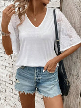 White V Neck Cotton Top with Textured Lace Sleeves Woman T Shirts