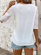 White V Neck Cotton Top with Textured Lace Sleeves Woman T Shirts