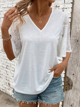 White V Neck Cotton Top with Textured Lace Sleeves Woman T Shirts