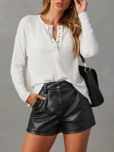 White Waffle-Knit Henley and Black Faux Leather Shorts Set White Woman T Shirts