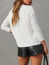 White Waffle-Knit Henley and Black Faux Leather Shorts Set Woman T Shirts