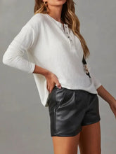 White Waffle-Knit Henley and Black Faux Leather Shorts Set Woman T Shirts