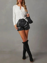 White Waffle-Knit Henley and Black Faux Leather Shorts Set Woman T Shirts