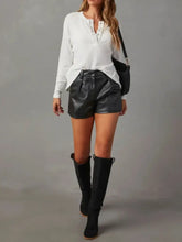 White Waffle-Knit Henley and Black Faux Leather Shorts Set Woman T Shirts