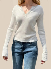 White Waffle Knit Long Sleeve Ribbed Shirt for Women White Woman T Shirts
