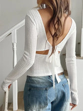 White Waffle Knit Long Sleeve Sheer Backless Top Woman T Shirts