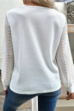 White Waffle Knit Top with Lace Sleeves and Button Detail Woman T Shirts