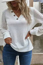 White Waffle Knit Top with Lace Sleeves and Button Detail Woman T Shirts