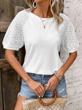 White Waffle Knit Top with Lace Sleeves for Women Woman T Shirts