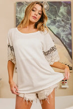 White Waffle Knit Top with Leopard Blocking and Crochet Lace Sleeves Woman T Shirts