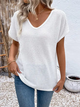 White Waffle Knit V Neck Top with Lace Back Woman T Shirts