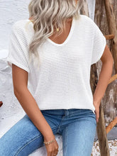 White Waffle Knit V Neck Top with Lace Back Woman T Shirts