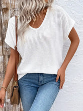 White Waffle Knit V Neck Top with Lace Back Woman T Shirts