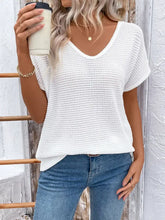 White Waffle Knit V Neck Top with Lace Back Woman T Shirts
