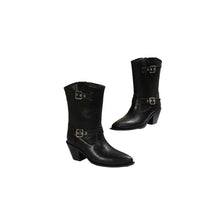 Women's Black and Brown Leather Cowboy Boots with Buckle Straps Black Woman Boots