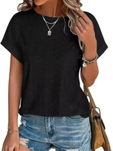 Womens Black Short Sleeve Eyelet T Shirt Stretch Rayon Blend Black Woman T Shirts