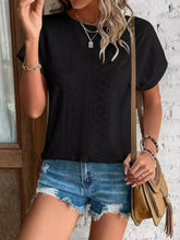 Womens Black Short Sleeve Eyelet T Shirt Stretch Rayon Blend Woman T Shirts