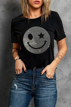 Womens Black T Shirt with Rhinestone Smiley Face Woman T Shirts