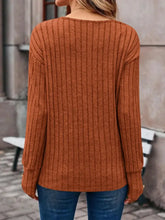 Women's Brown Ribbed V-Neck Long Sleeve Sweater Woman T Shirts