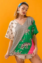 Women's Color Block Tiger Print V-Neck Top Woman T Shirts