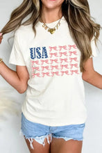 Womens Cream T Shirt with USA Flag Bow Knot Print Woman T Shirts