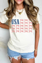 Womens Cream T Shirt with USA Flag Bow Knot Print Woman T Shirts