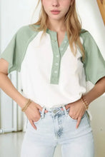 Womens Green and White Raglan Button Up Shirt Sage Woman T Shirts
