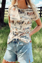 Womens Horse Print T Shirt with Denim Shorts Set Beige Woman T Shirts