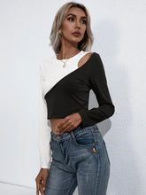 Womens Long Sleeve Color Block Crop Top with Round Neck Black Woman T Shirts