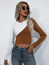 Womens Long Sleeve Color Block Crop Top with Round Neck Woman T Shirts