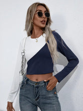 Womens Long Sleeve Color Block Crop Top with Round Neck Dark Blue Woman T Shirts