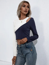Womens Long Sleeve Color Block Crop Top with Round Neck Woman T Shirts