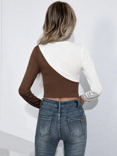 Womens Long Sleeve Color Block Crop Top with Round Neck Woman T Shirts