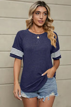 Womens Navy Blue Striped Sleeve Short Sleeve T Shirt Dark Blue Woman T Shirts