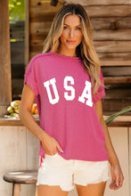 Womens Pink Striped USA Short Sleeve T Shirt Deep Rose Woman T Shirts