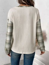 Womens Plaid Sleeve Waffle Knit Henley Shirt Woman T Shirts