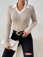 Womens Ribbed Knit Collared Top Cardigan in Basic Stretch Fabric Woman T Shirts